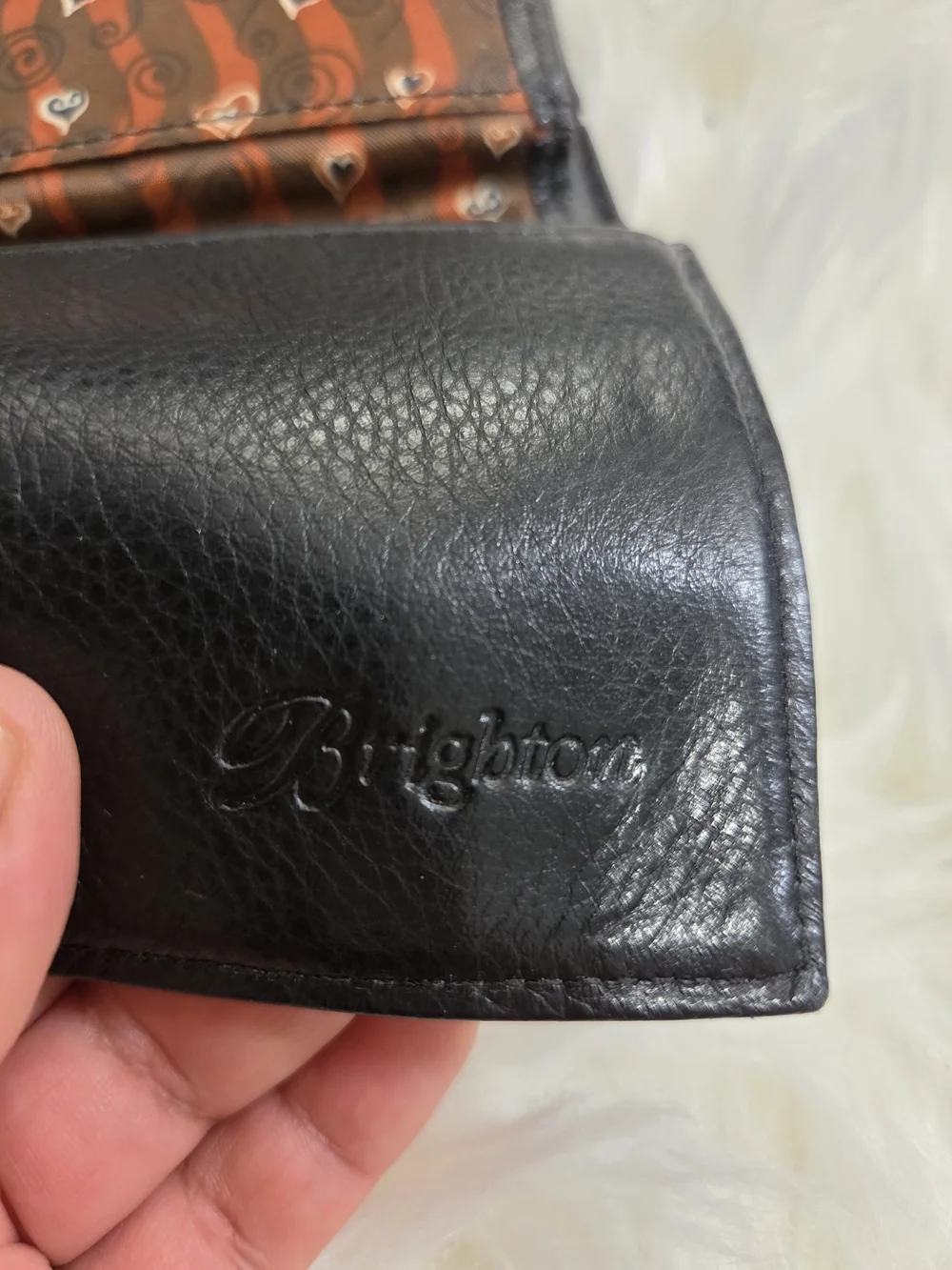 VTG Brighton Leather Black Brown Trifold Wallet Braided Leather Details Hearts